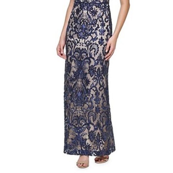 Navy Sleeveless Embroidered Sequin Gown - Picture 2 of 7